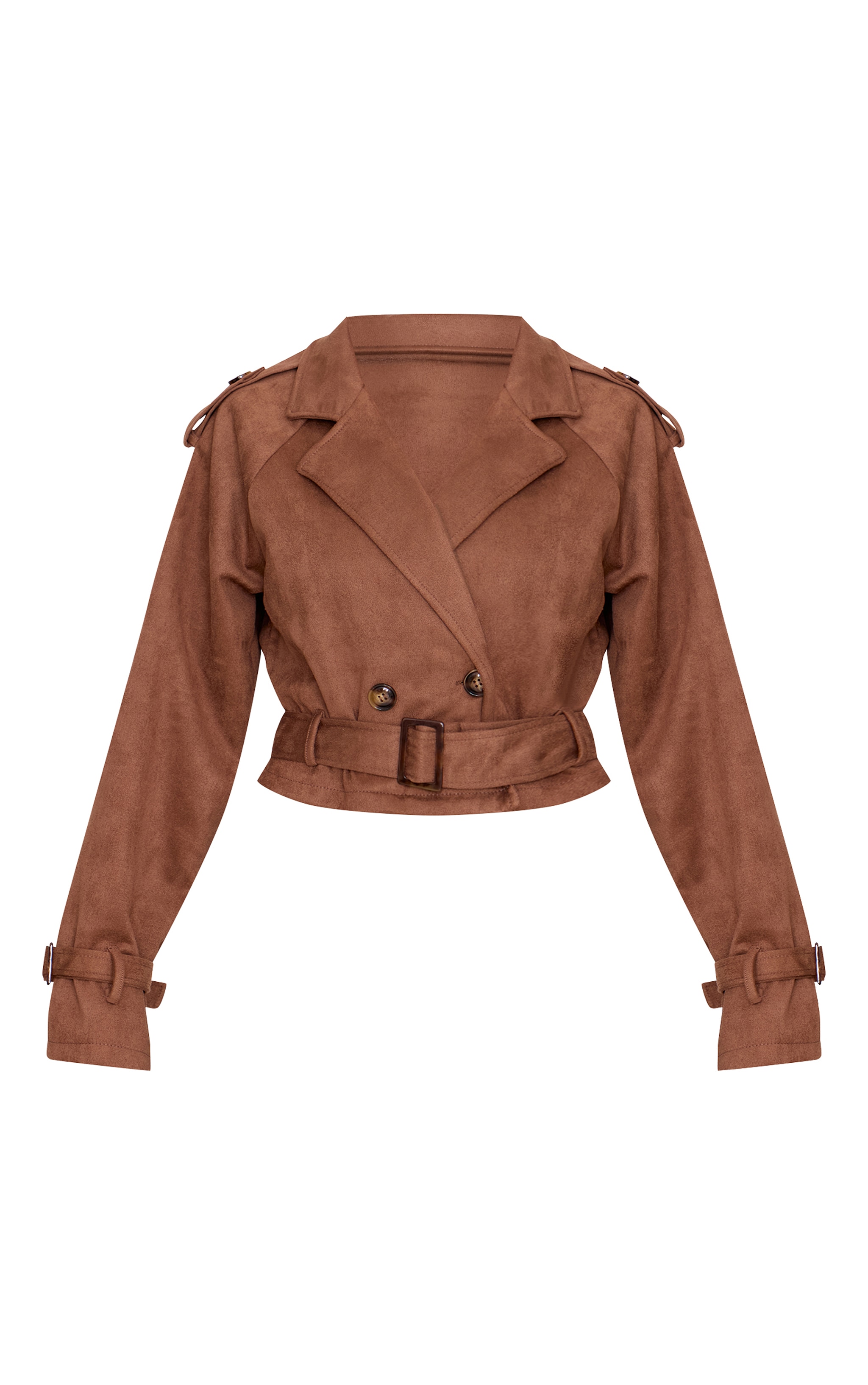 Brown Cropped Faux Suede Belted Trench Coat image 5