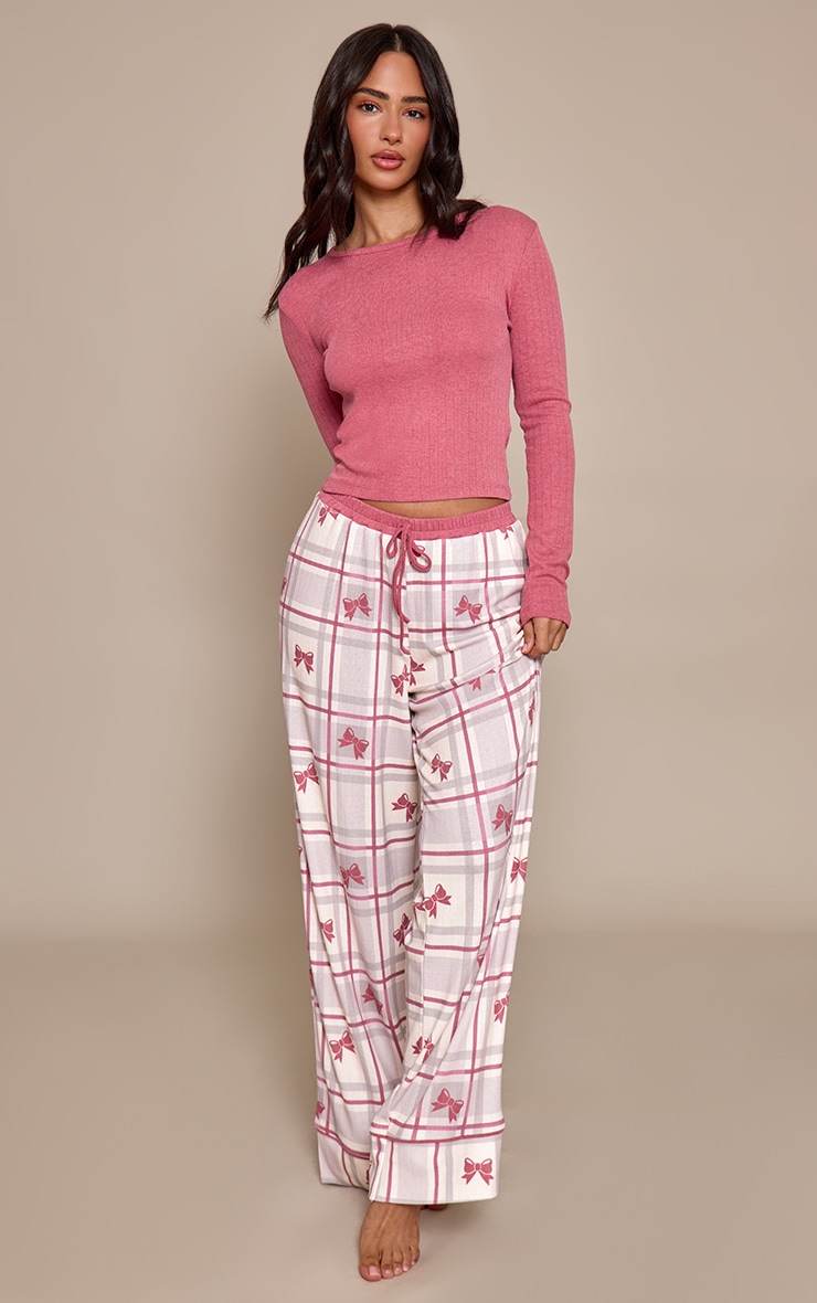 Petite Red Fitted Long Sleeve Top and Gingham Bow Print Pant PJ Set image 3