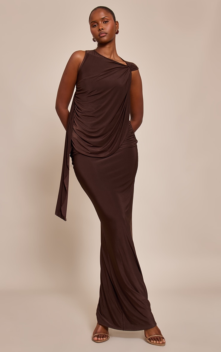 Chocolate Slinky One Shoulder Drape Detail Top image 3