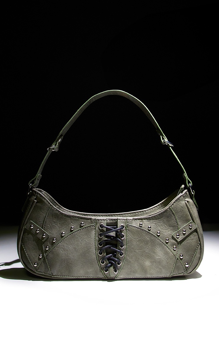 Khaki Lace Up Studded Shoulder Bag