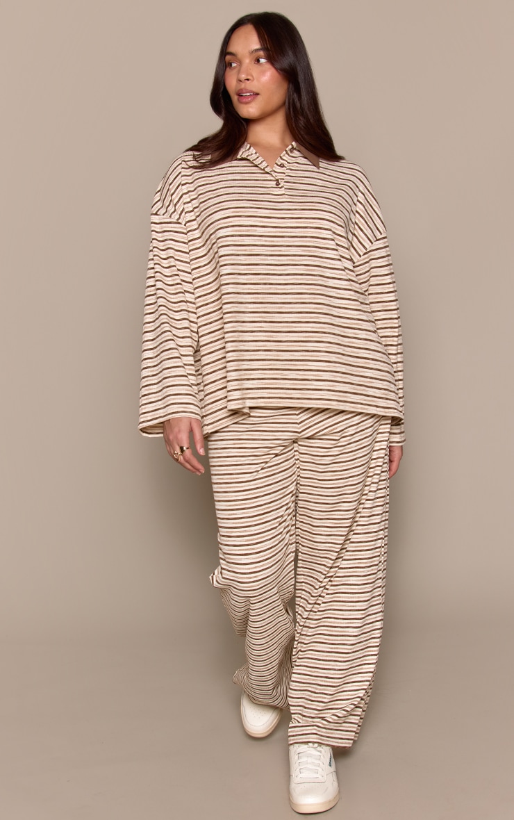 Plus Light Brown Soft Rib Striped  Low Rise Straight Leg Pants image 2