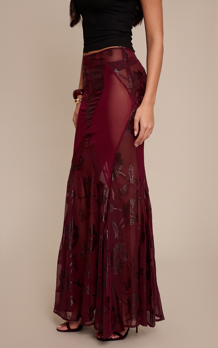 Plum Embroidered Sheer Godet Maxi Skirt image 2