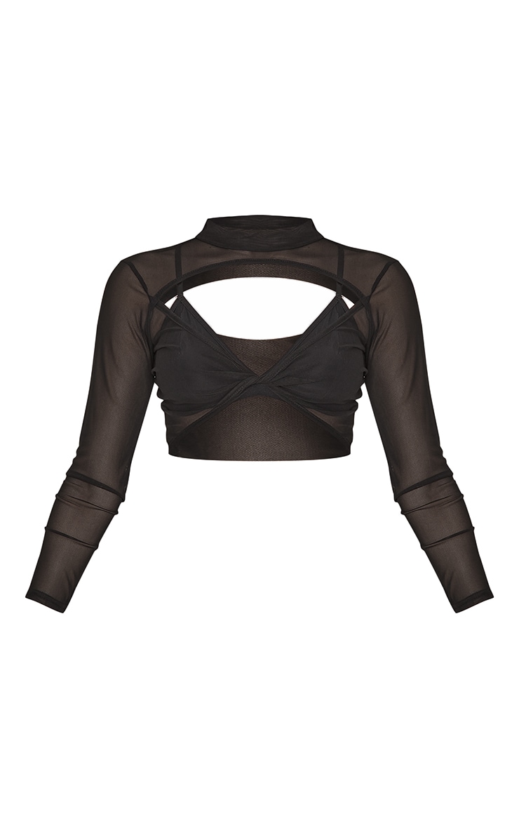 Black Twist Front Cut Out Mesh High Neck Crop Top image 5