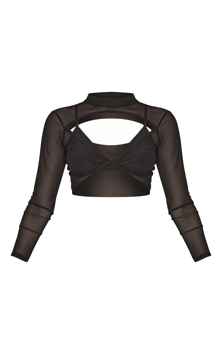 Black Twist Front Cut Out Mesh High Neck Crop Top image 1