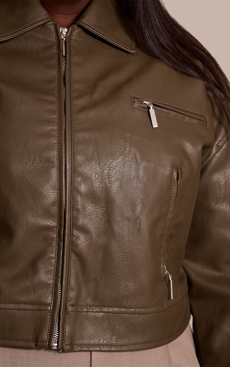 Plus Sage Green Textured Faux Leather Zip Up Minimal Biker Jacket image 4