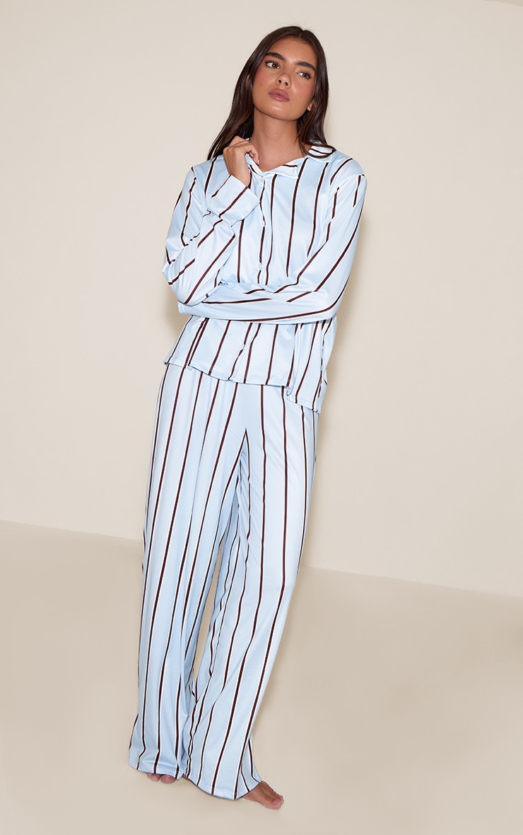 Blue & Brown Striped Long Sleeve Button Through PJ Set image 3