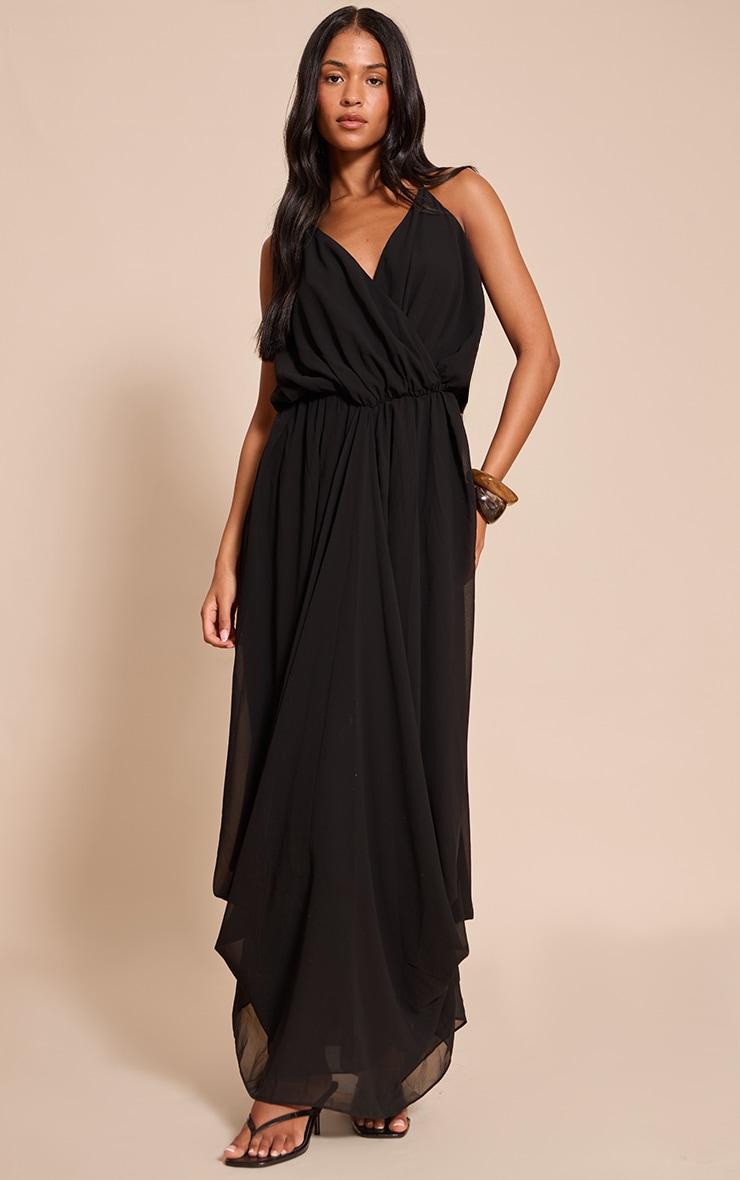 Tall Black Chiffon Drape V Neck Shift Maxi Dress image 1
