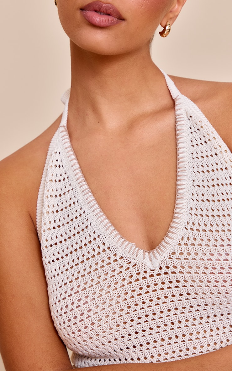 Oatmeal Contrast Stitch Crochet Halter Neck Top Beige image 4