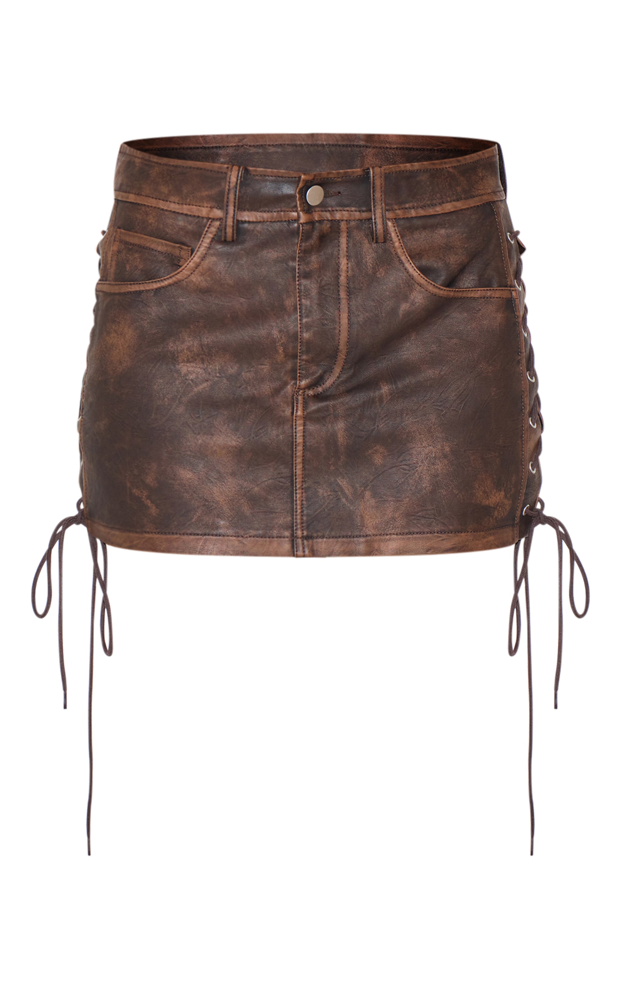 Washed Brown Faux Leather Lace Up Mini Skirt image 6