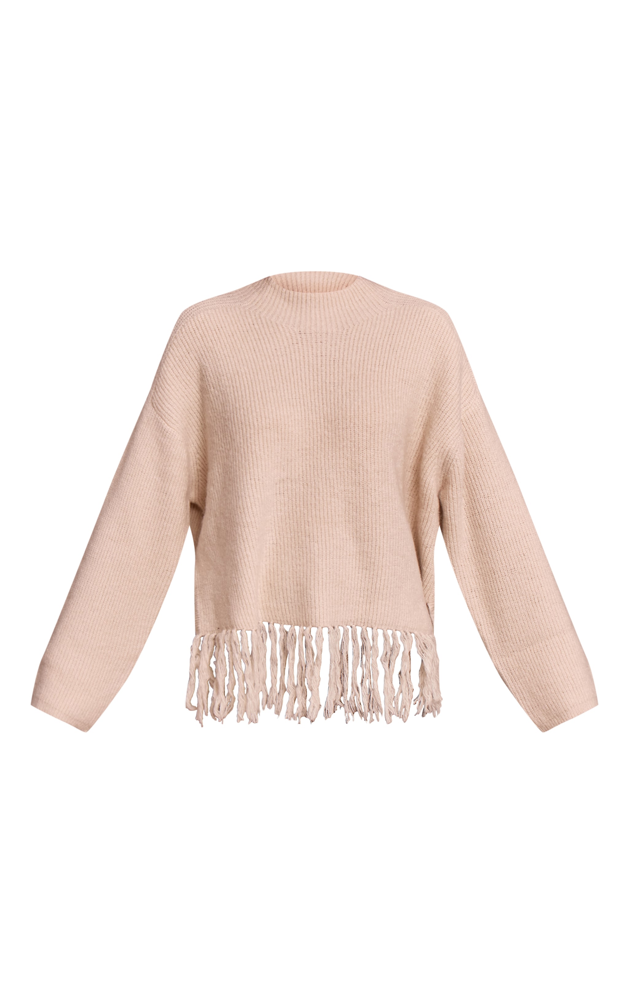 Beige Round Neck Fringe Hem Oversized Sweater image 5