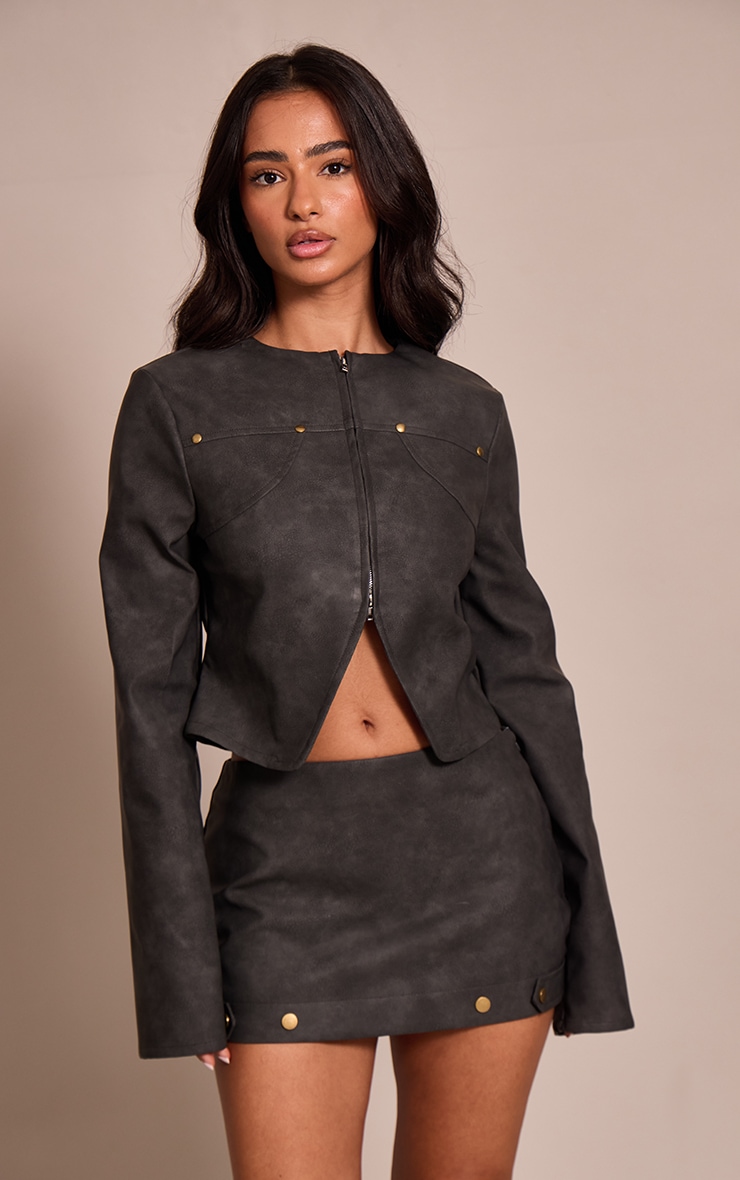 Mini-jupe Petite en PU gris anthracite à clous image 4