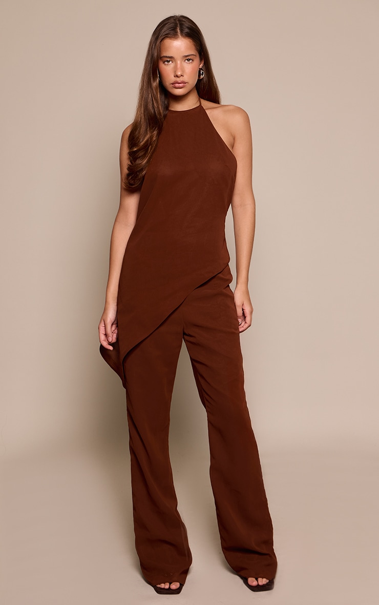 Chocolate Chiffon Halter Neck Overlay Jumpsuit