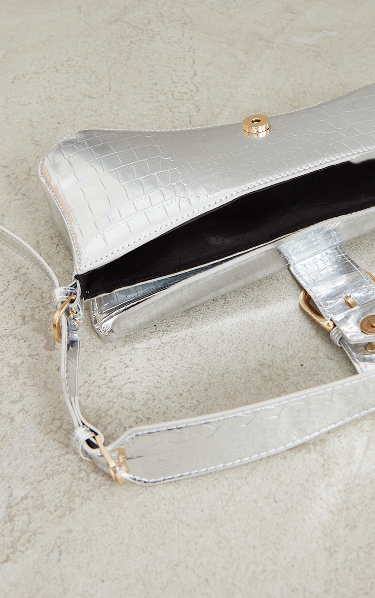 Silver Croc Metallic Elongated Buckle Shoulder Bag PrettyLittleThing