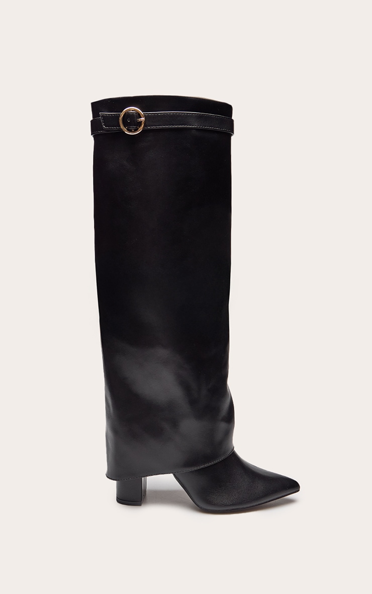 Black Faux Leather Block Heel Foldover Buckle Boot image 2