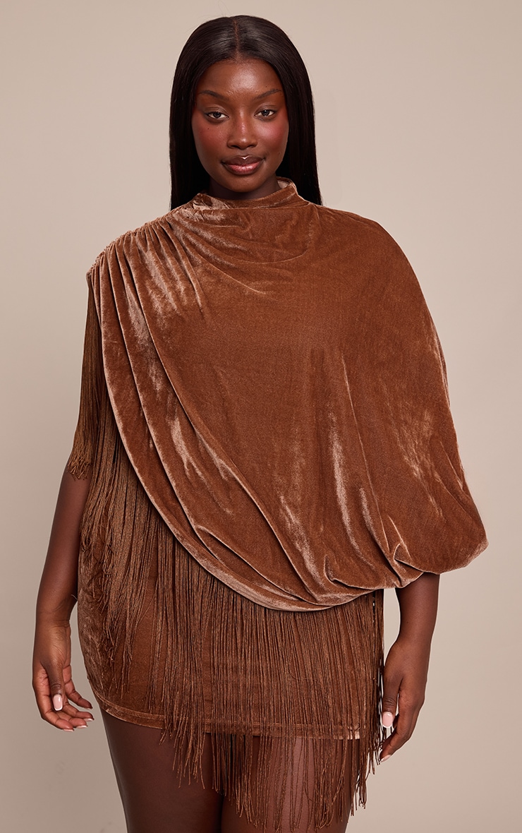 Plus Golden Brown Velvet Cape Tassel Hem Mini Dress