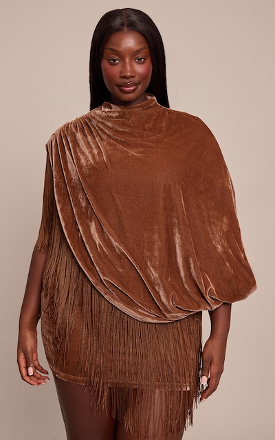 Plus Golden Brown Velvet Cape Tassel Hem Mini Dress