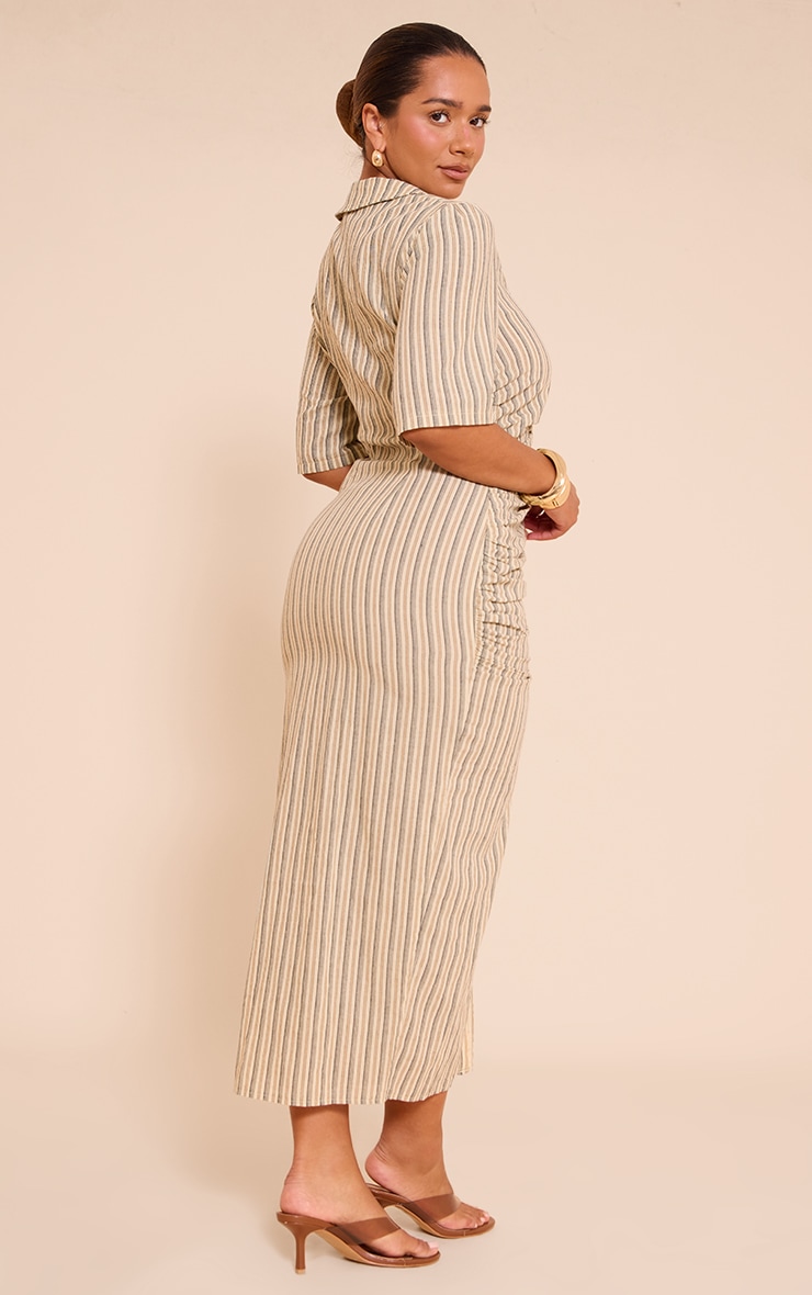 Shape STONE Striped Ruched Front Collared Split Front Maxi Dress image 2
