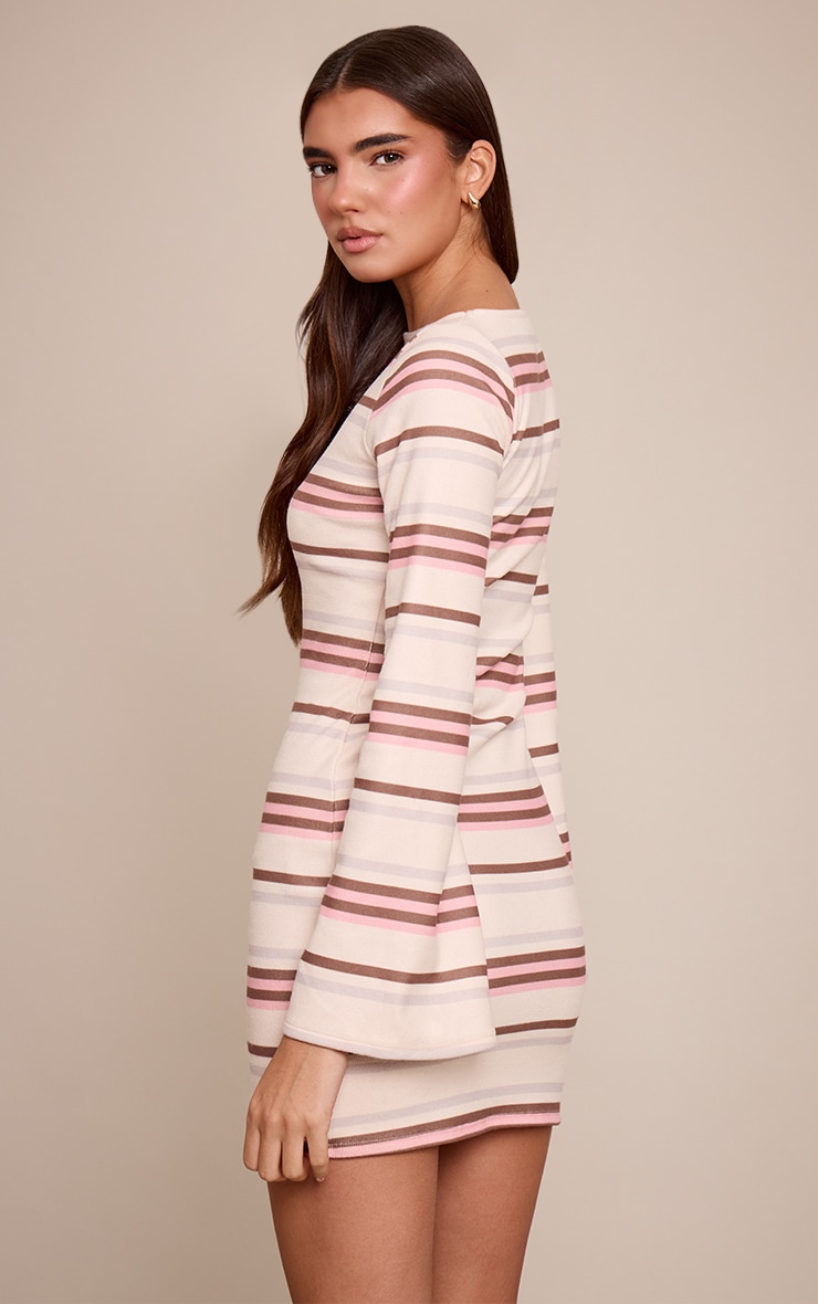 Pink Brushed Rib Striped Long Sleeve Mini Dress image 2