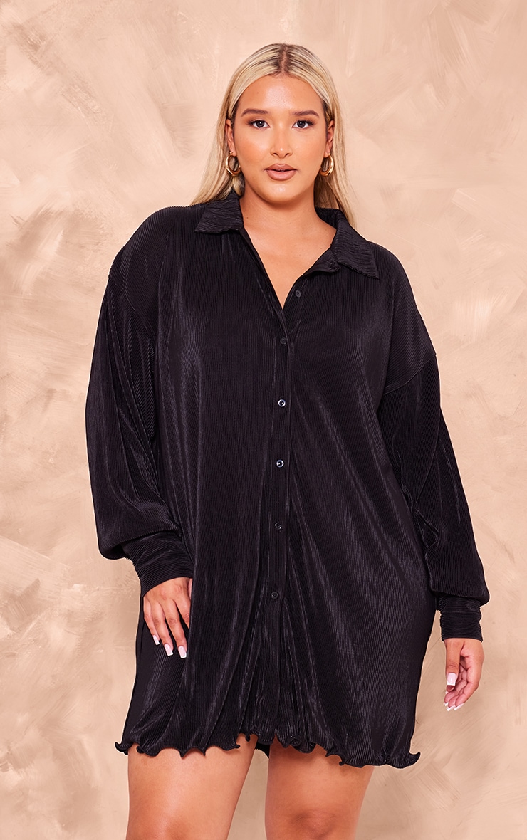 Plus Black Plisse Frill Hem Shirt Dress image 3