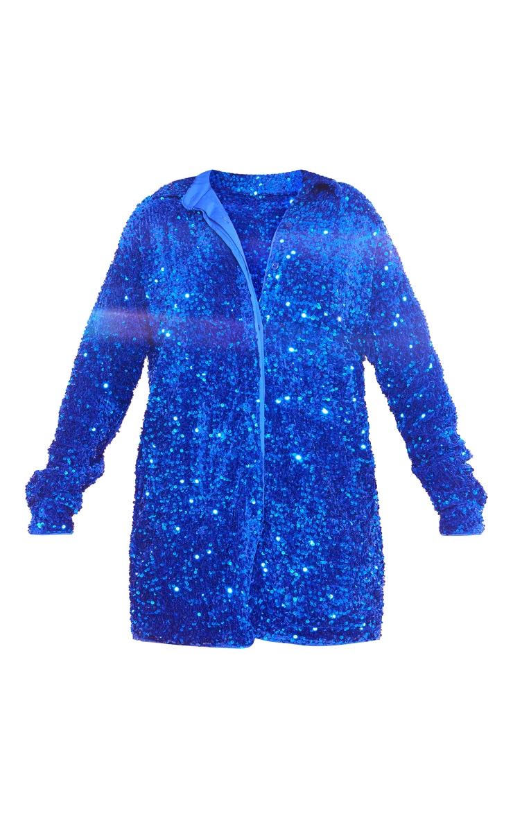 Cobalt Velvet Sequin Oversized Shirt Dress image 1