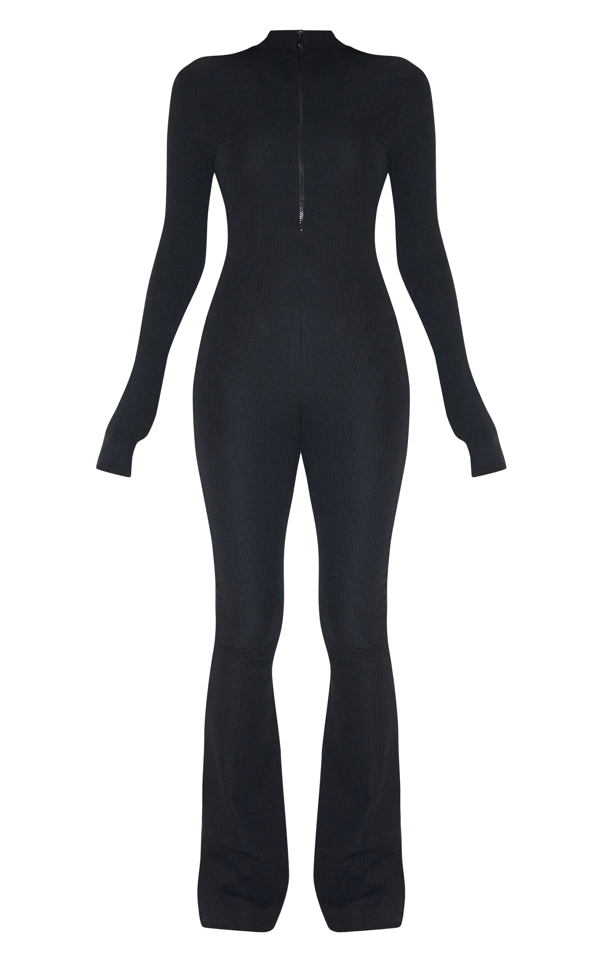 Black Thumbhole Zip Detail Rib Jumpsuit image 5