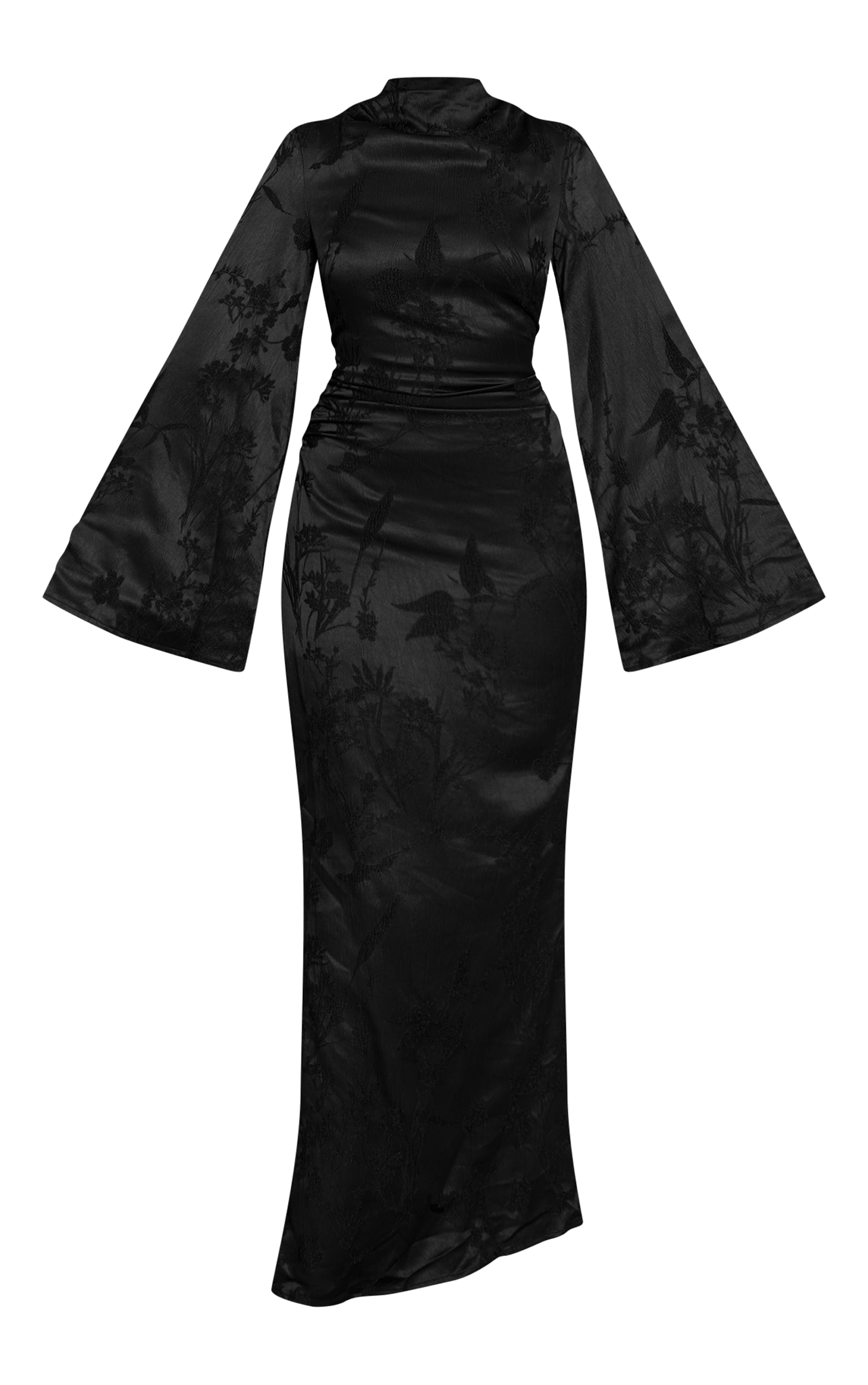 Black Floral Jacquard High Neck Flared Sleeve Maxi Dress image 5