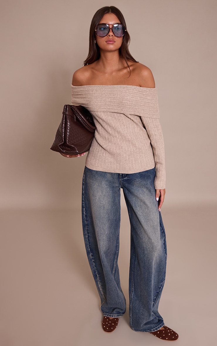 Top en maille tricot avoine à épaules dénudées et manches longues image 3