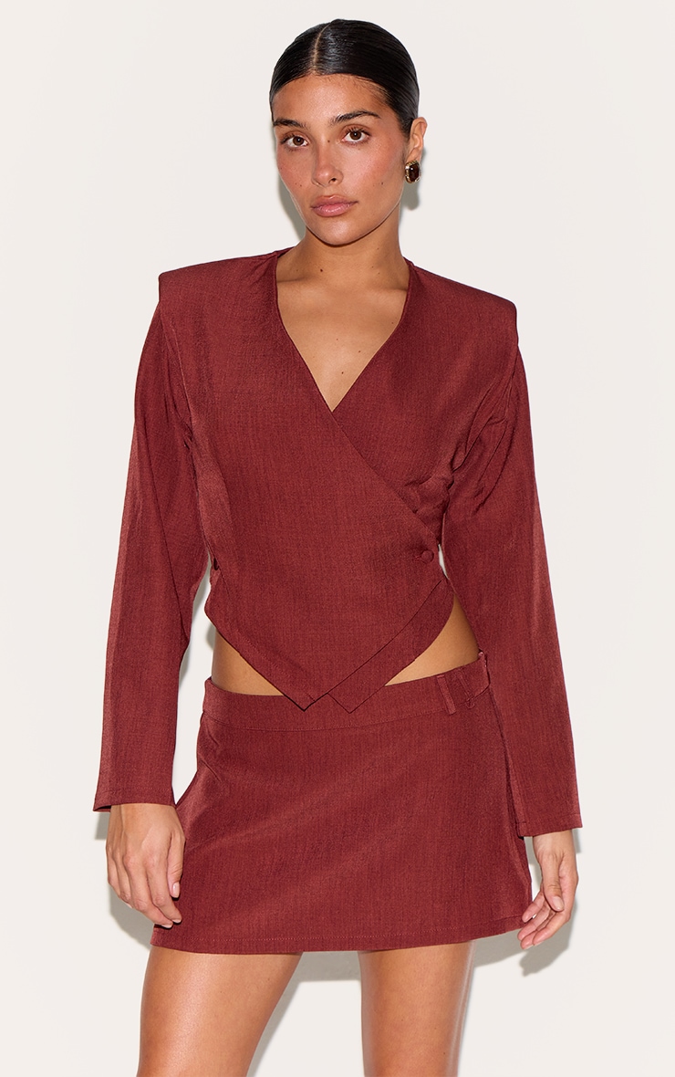Petite Burnt Orange Woven Long Sleeve Asymmetric Button Top image 1