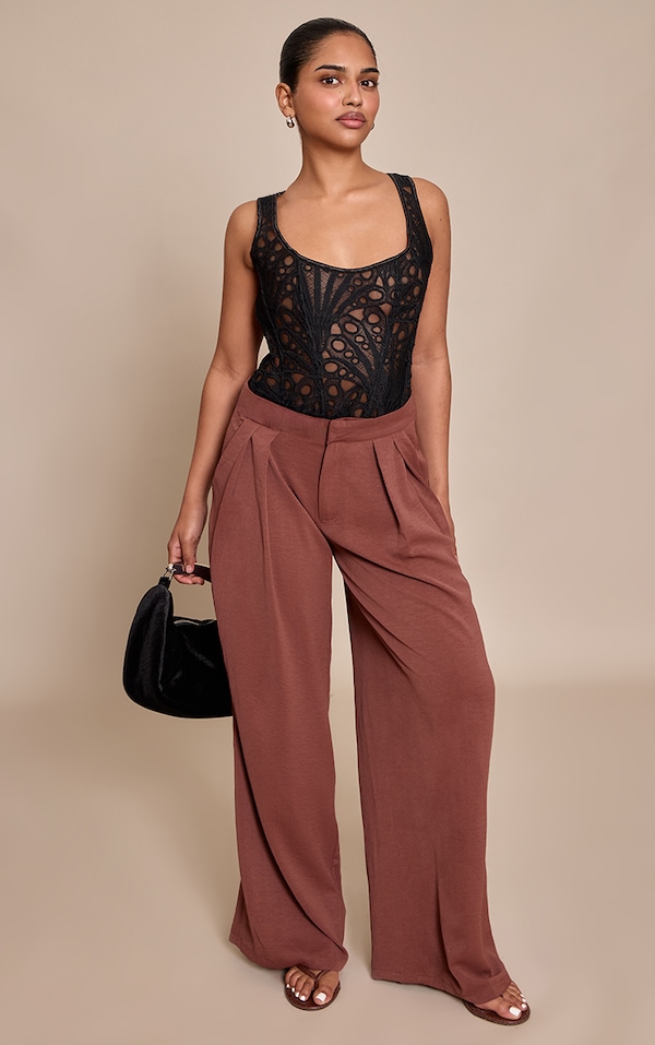 Petite Deep Chocolate Floaty Woven Double Pleat Wide Leg Pants