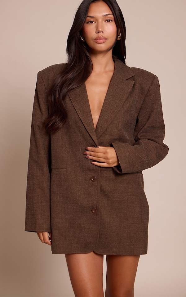 Espresso Textured Woven Boxy Blazer Dress