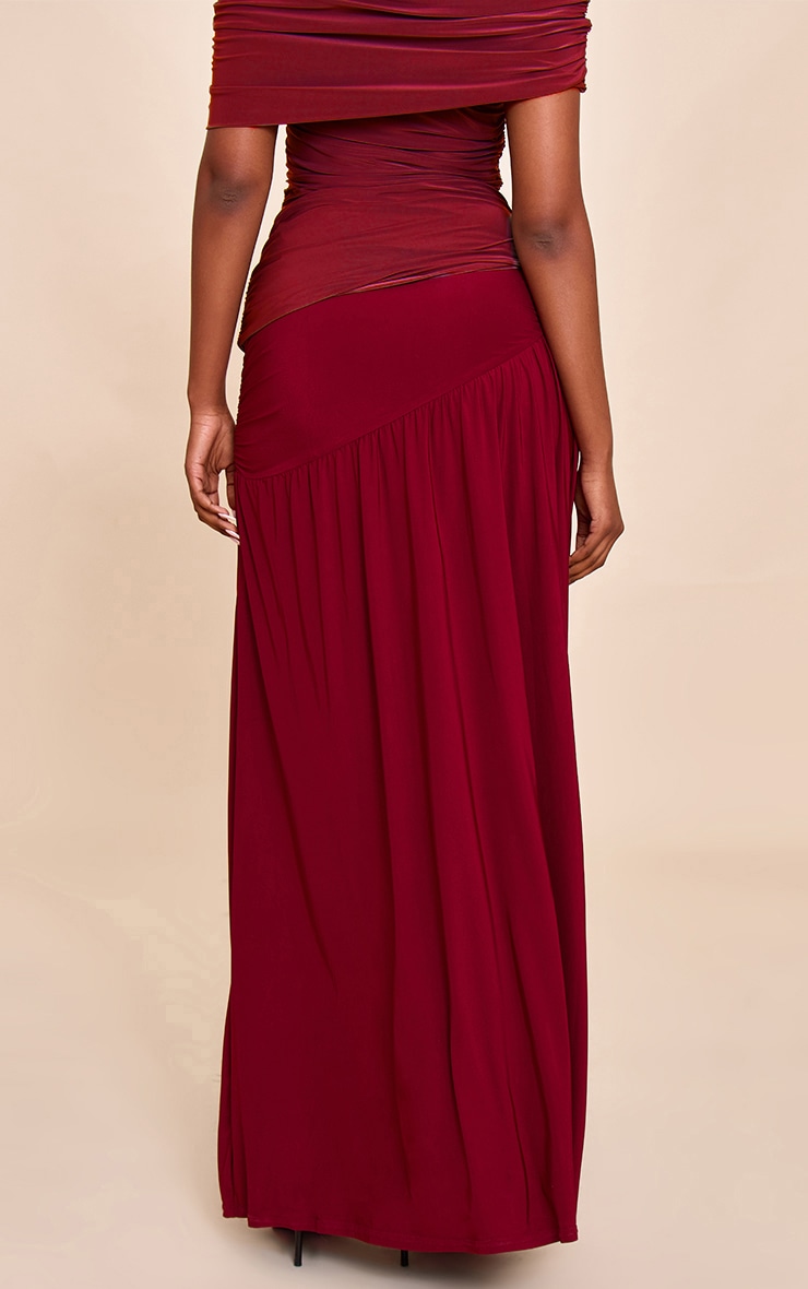 Deep Red Double Layer Slinky Drop Waist Slit Maxi Skirt image 3