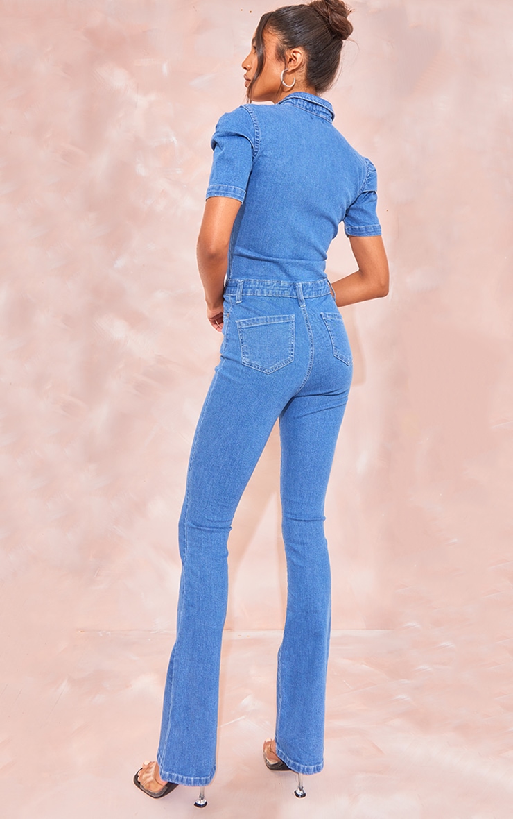  Tall Light Blue Wash Short Sleeve Bodycon Flared Denim Jumpsuit image 2