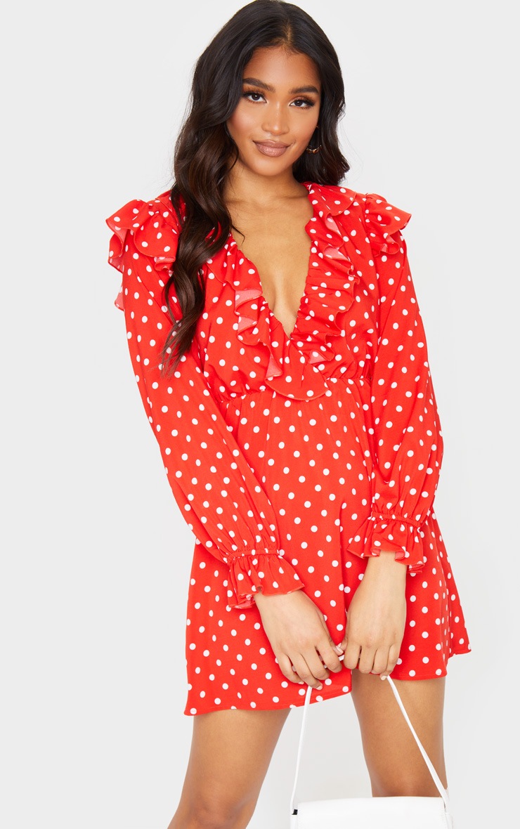 Robe droite rouge volantée à imprimé pois et col en V