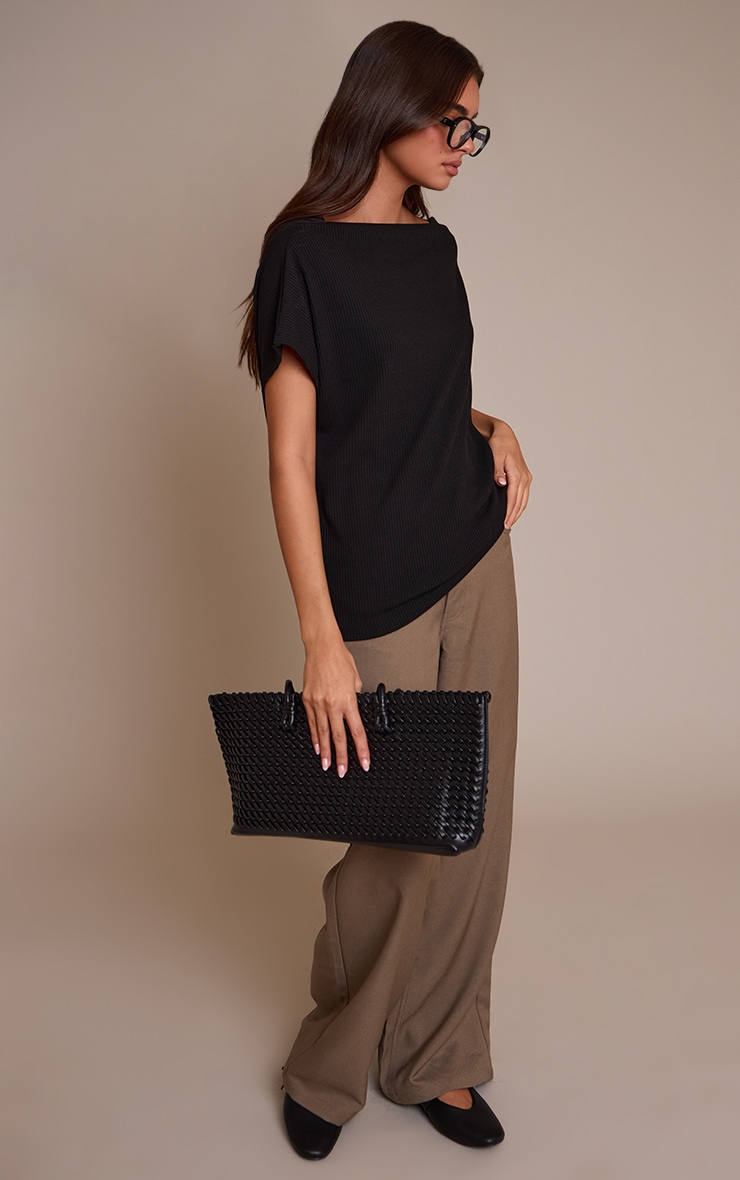 Black Thick Rib Asymmetric Slouchy Long Top image 3