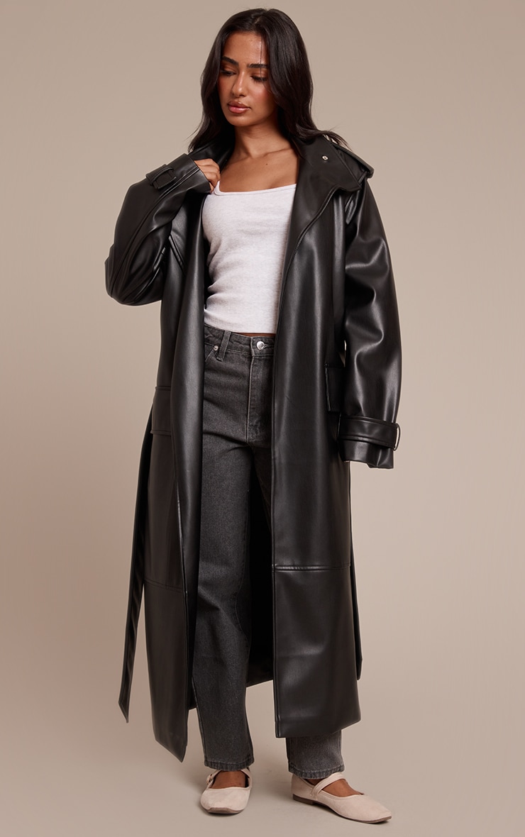 Petite Black Tie Waist Maxi Trench Coat image 3