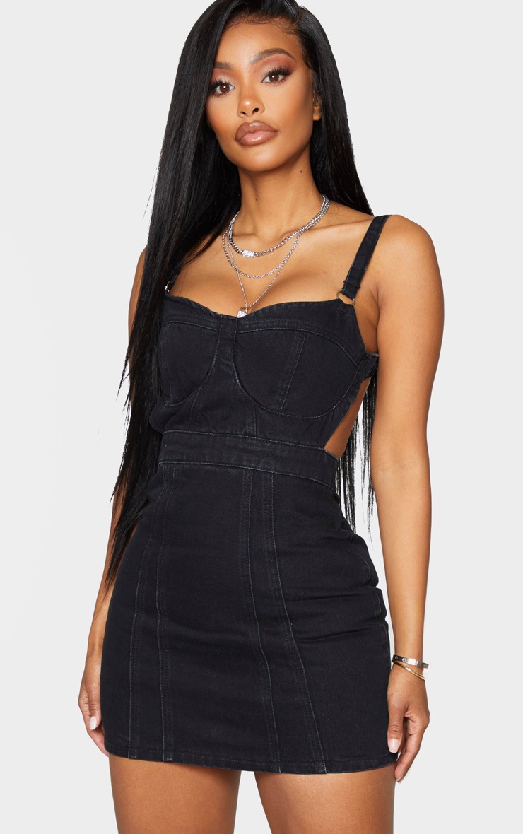 Shape - Robe moulante noire en jean à bonnets et fermoir au dos