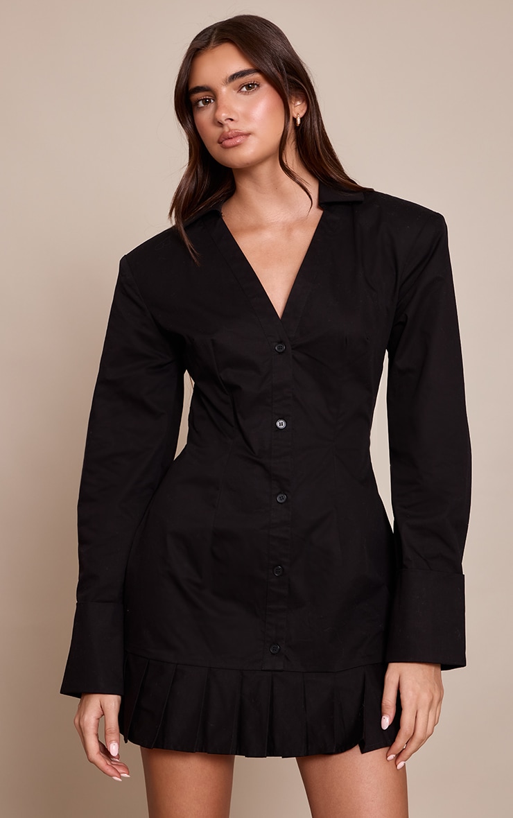 Black Pleated Hem Button Down Shirt Dress