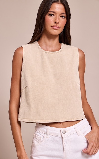 Washed Stone Round Neck Boxy Denim Top
