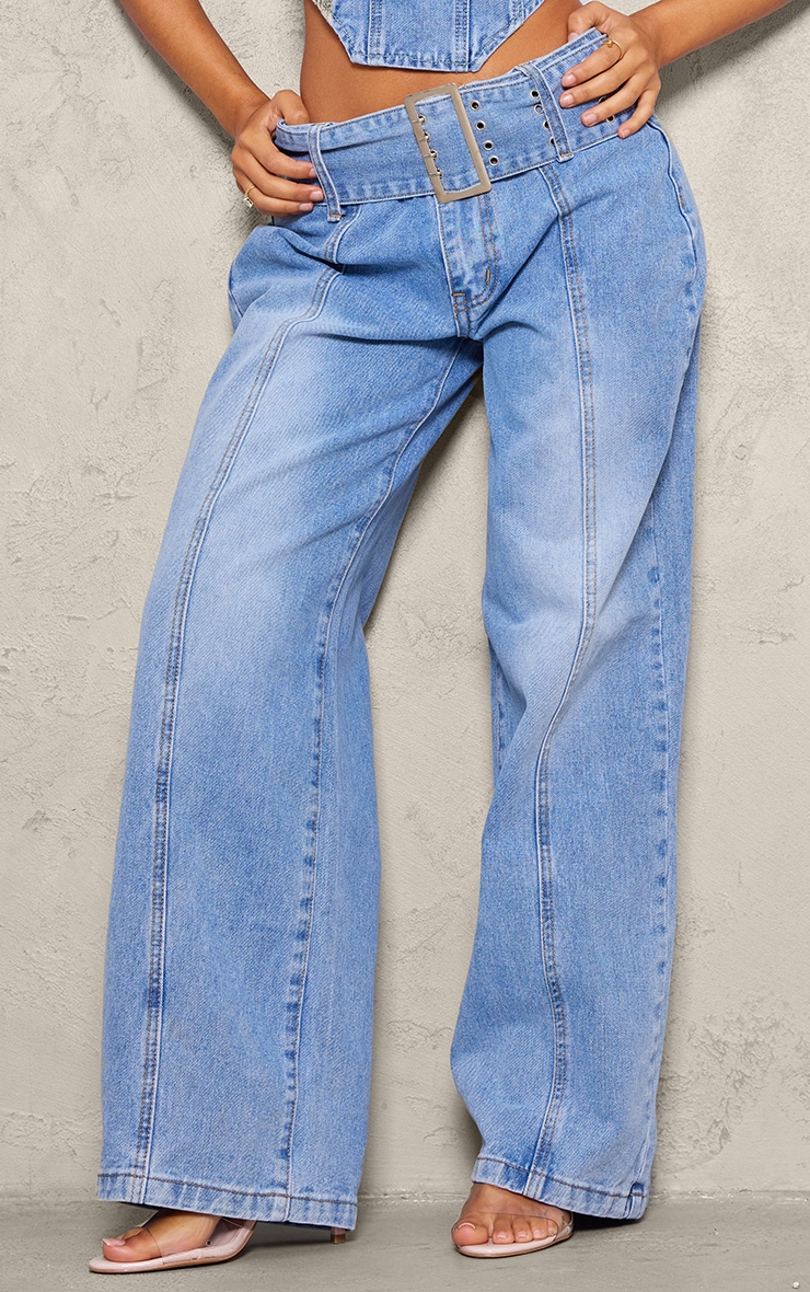 Petite Light Blue Denim Buckle Detail Straight Leg Jeans image 1