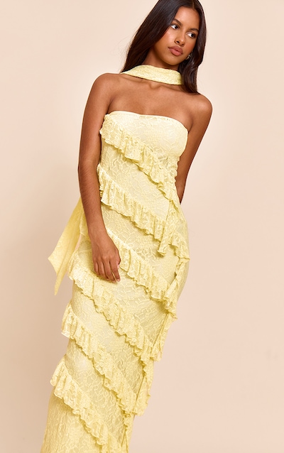 Petite Robe longue en dentelle jaune citron à détail foulard et volants