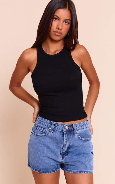 Petite Mid Blue Wash High Waisted Basic Shorts