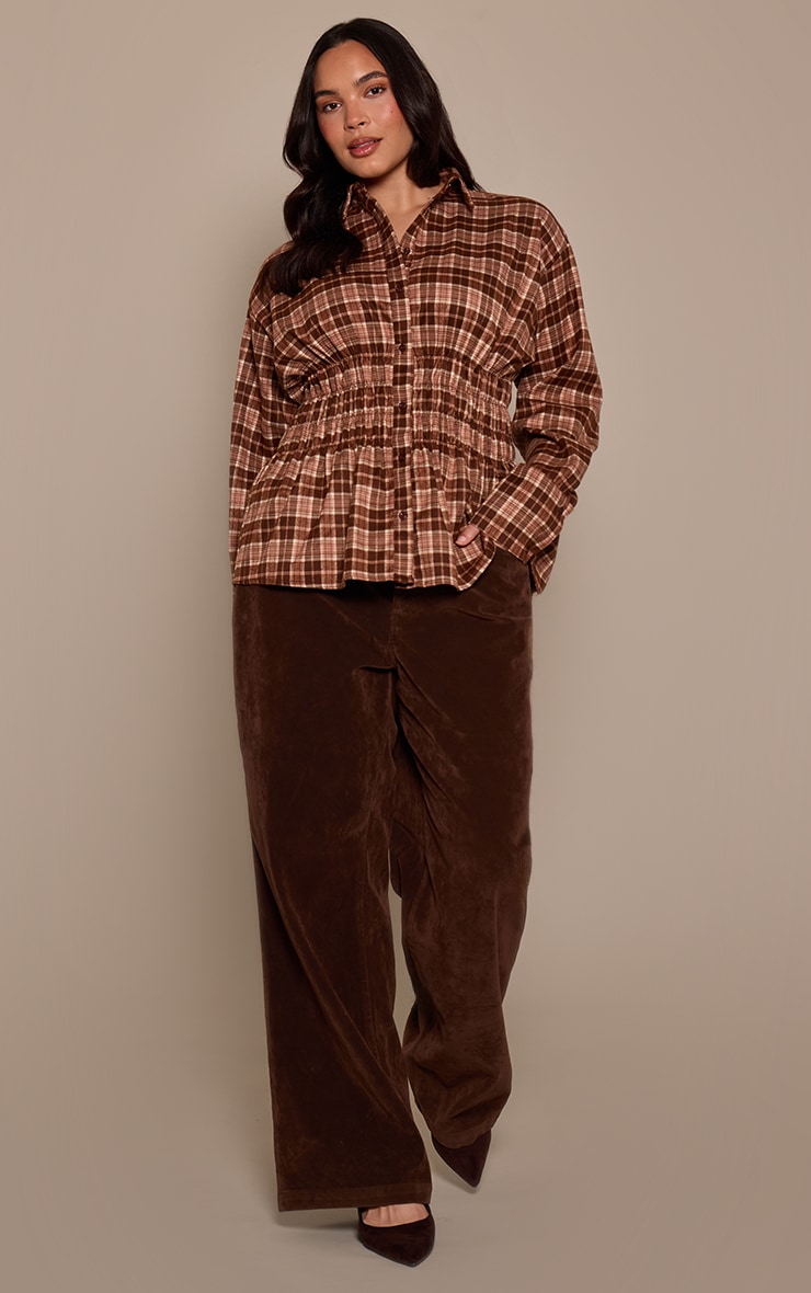 Plus Brown Check Shirred Waist Shirt  image 3