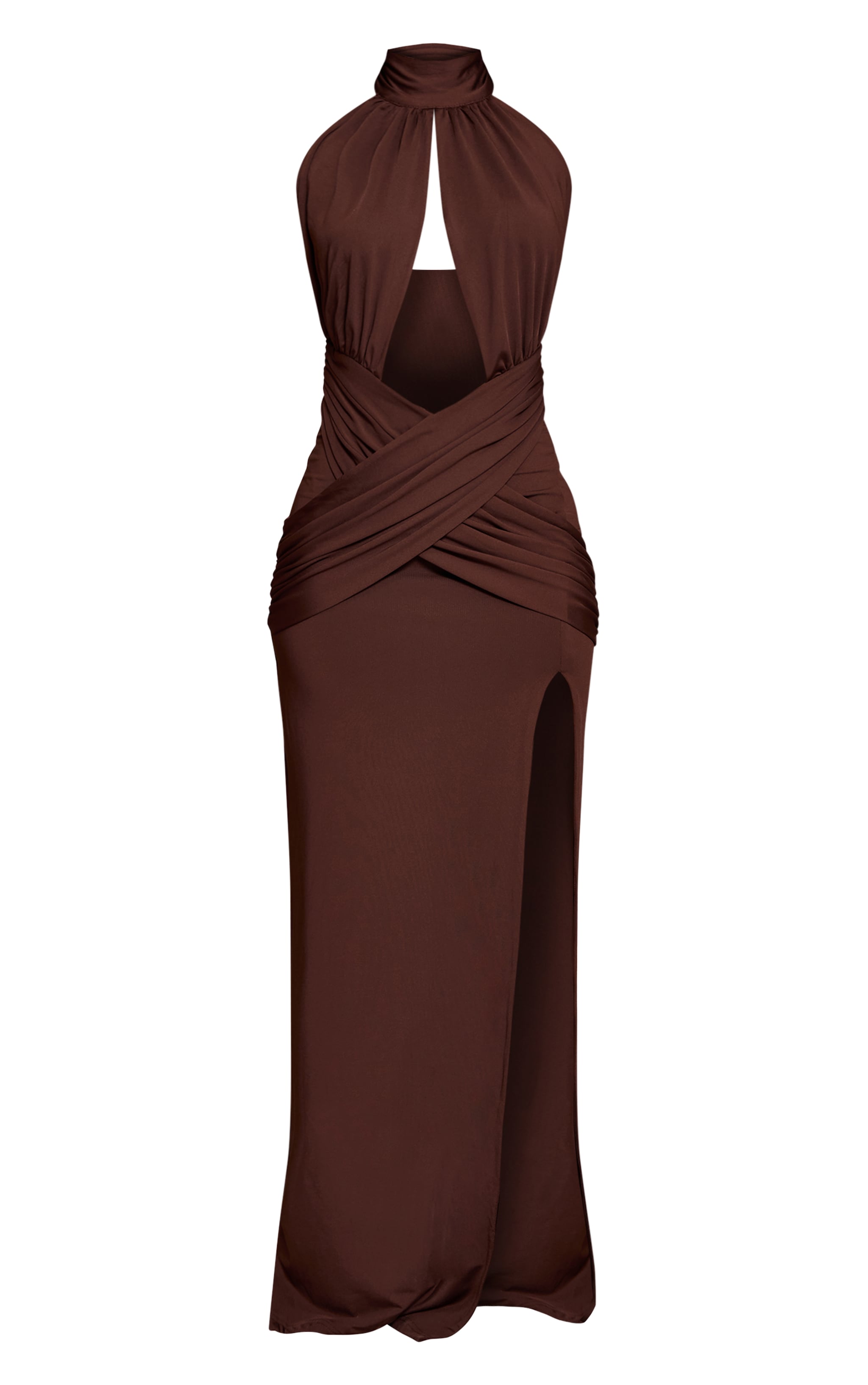 Petite Robe longue moulante chocolat découpée à dos nu et parties superposées image 5