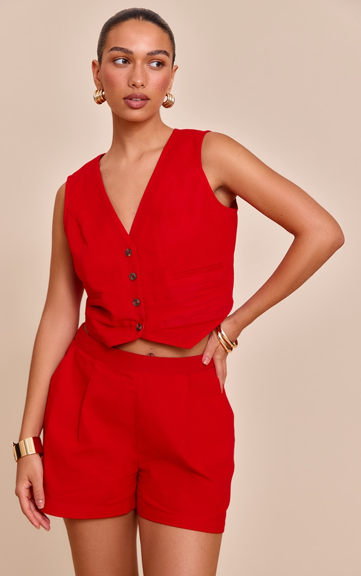 Tomato Red Linen Look Oversized Detail Floaty Short image 4