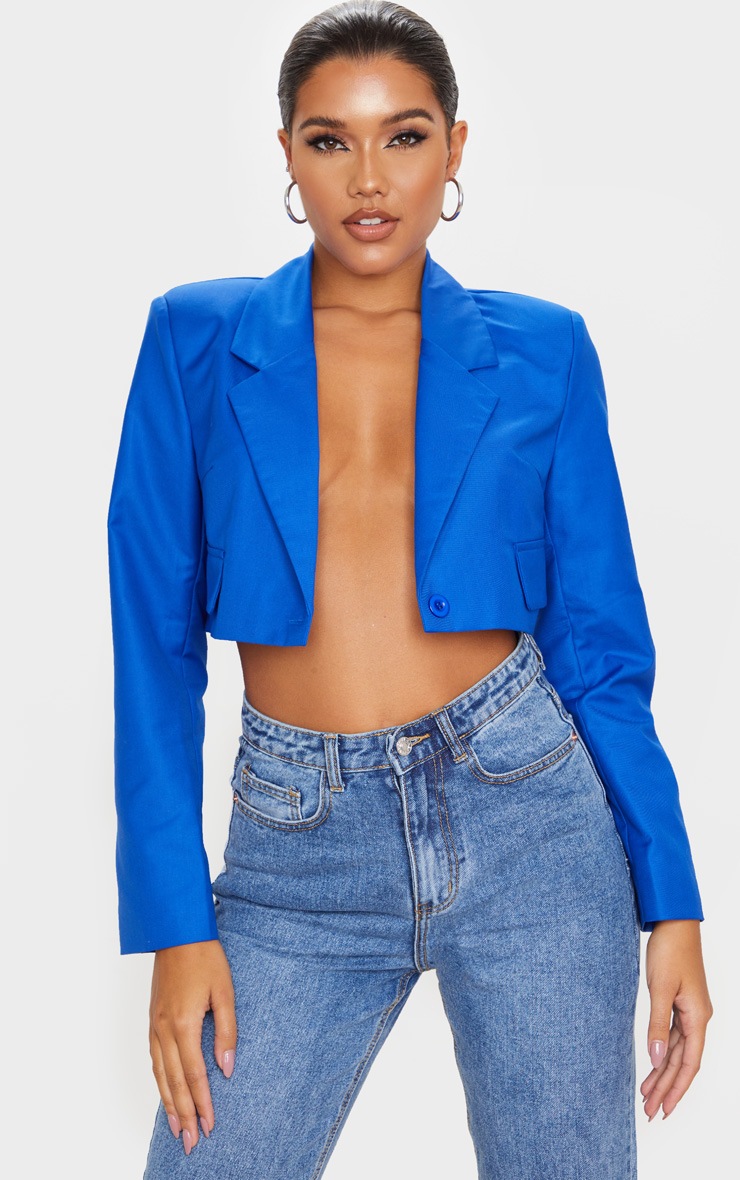 Blazer court tissé bleu cobalt