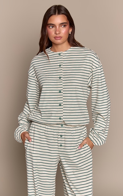 Teal Stripe Soft Rib Relaxed Button Up Top