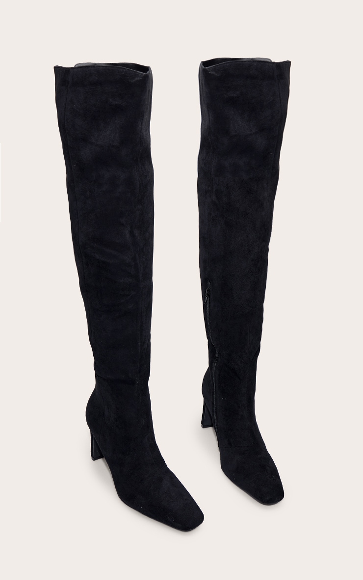Black Wide Fit Suede Point Toe Block Heeled Over The Knee High Boot image 3