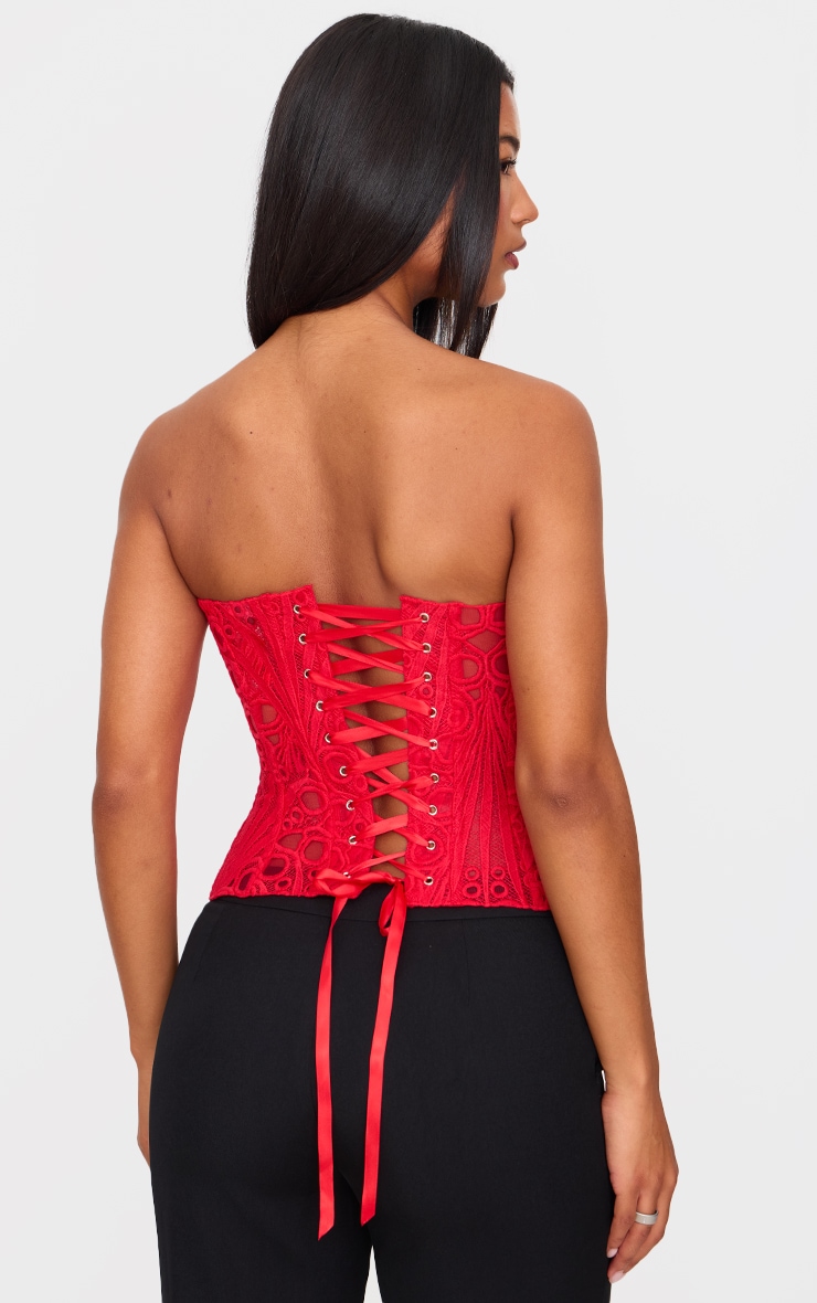 Red Textured Sheer Floral Lace Corset image 2