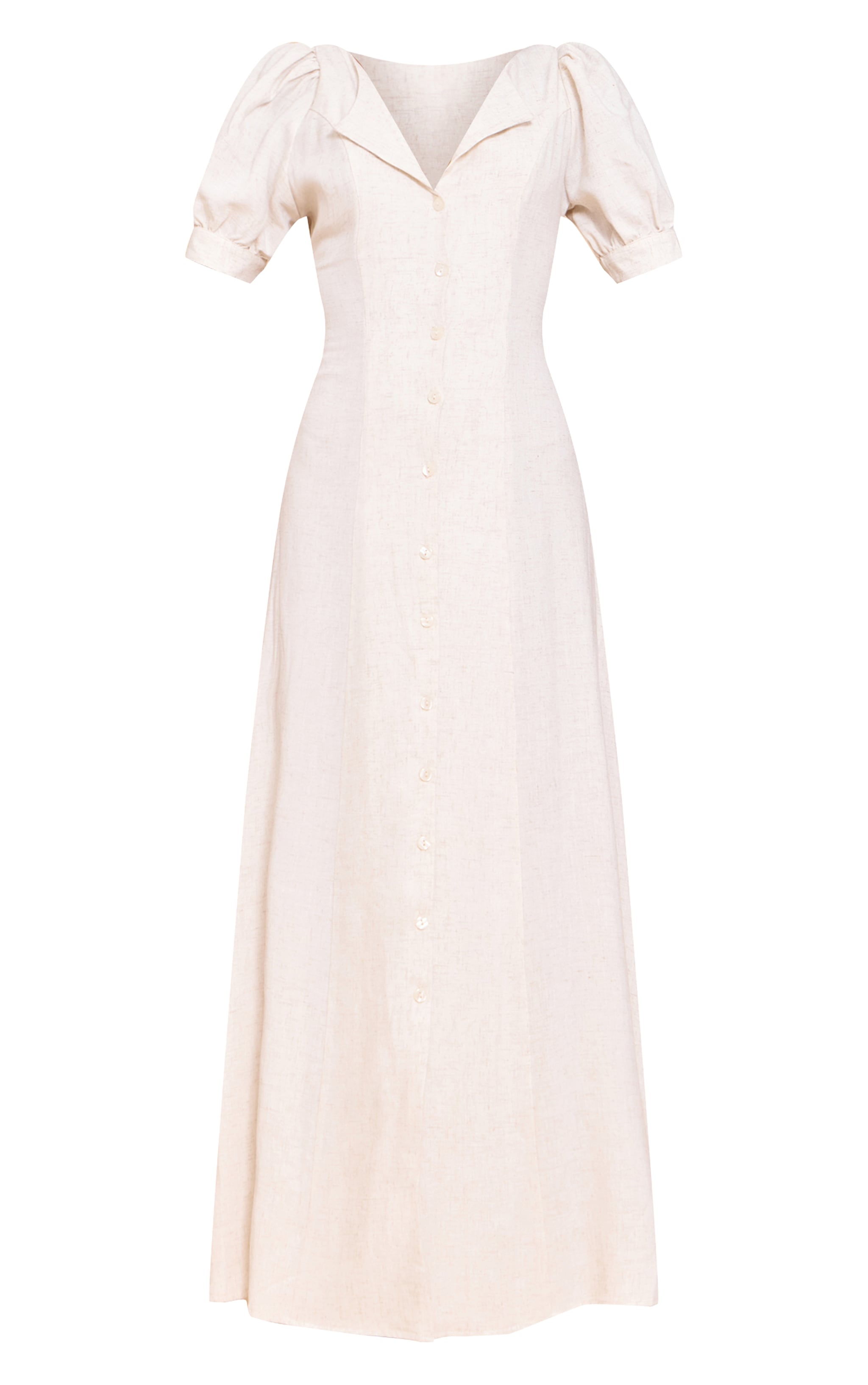 Natural Linen Look Button Puff Sleeve Midaxi Dress image 5