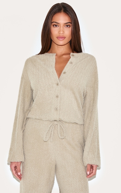 Cardigan texturé gris champignon à boutons et manches longues